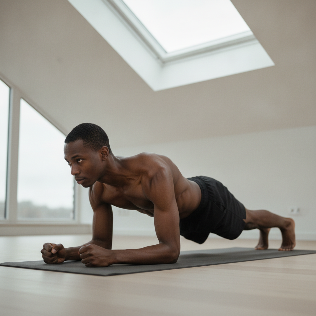 Forearm-plank prep, mid-descent AI-generated photoreal reference