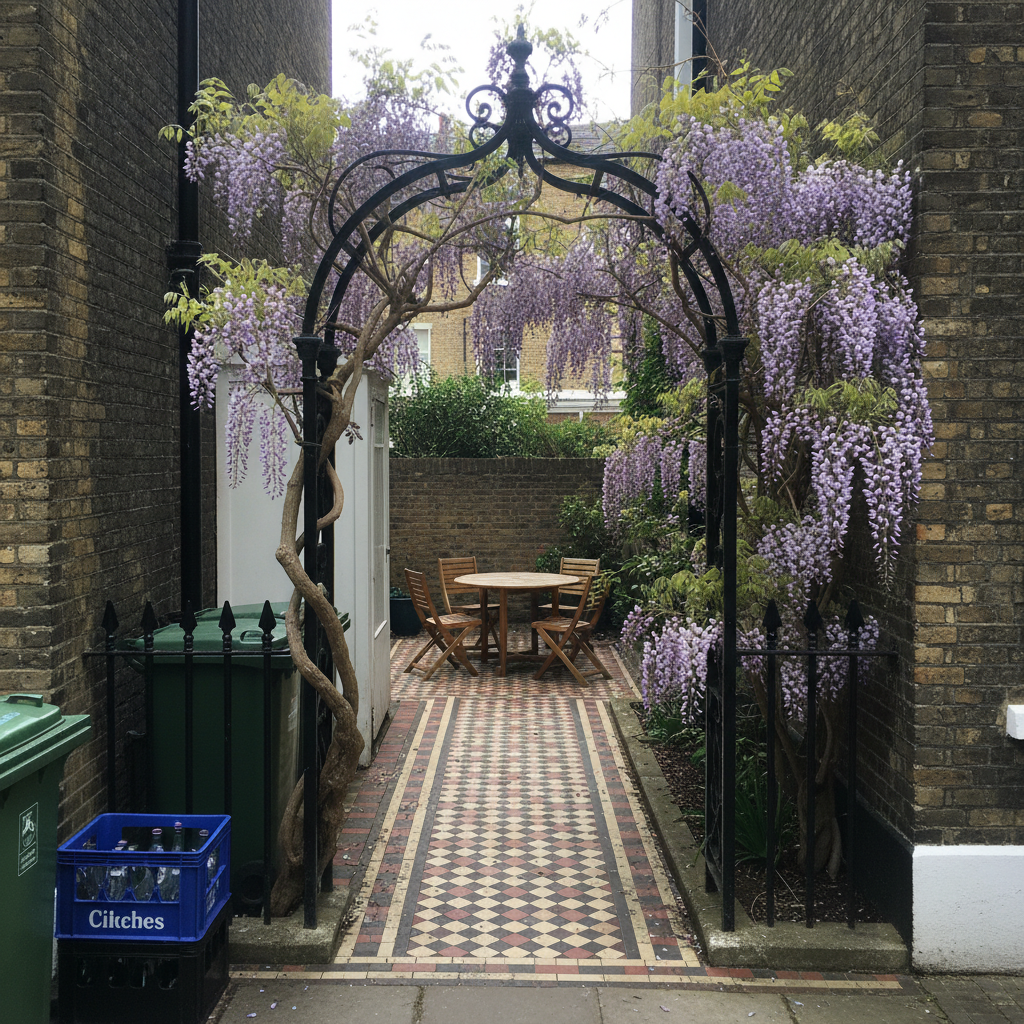 Arch over a Bayswater London townhouse side path AI-generated photoreal reference