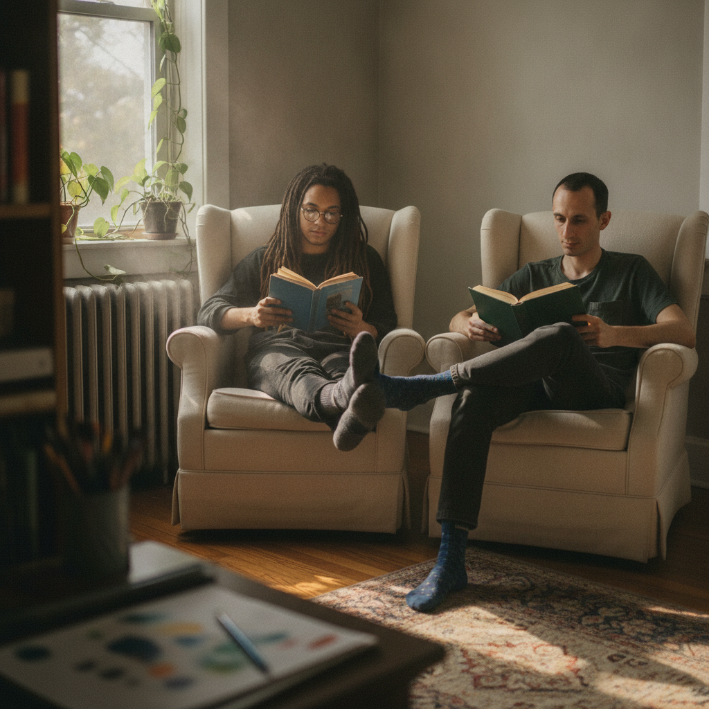 Couple silent reading AI-generated photoreal reference