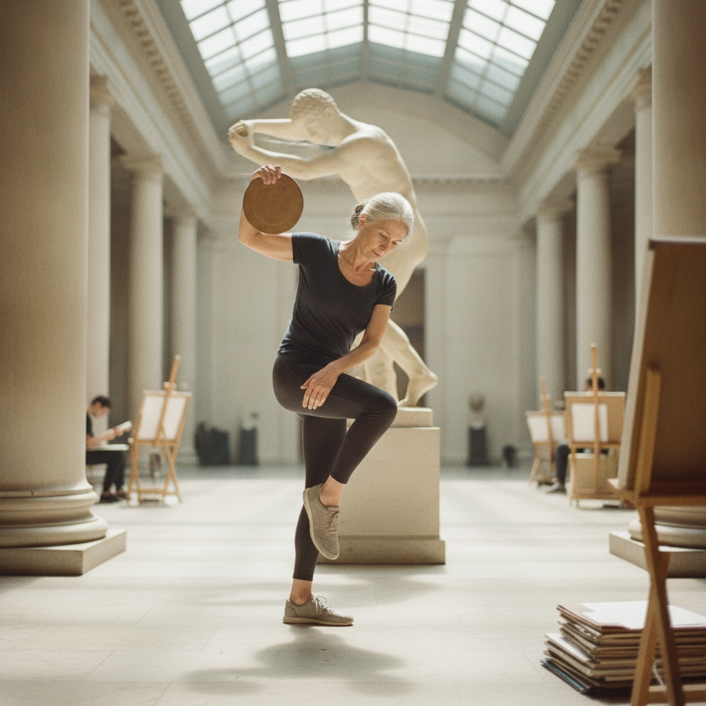 Discobolus, female elder model, gallery setting AI-generated photoreal reference