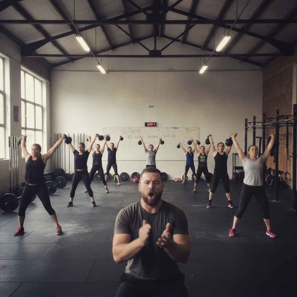 CrossFit class with kettlebells AI-generated photoreal reference