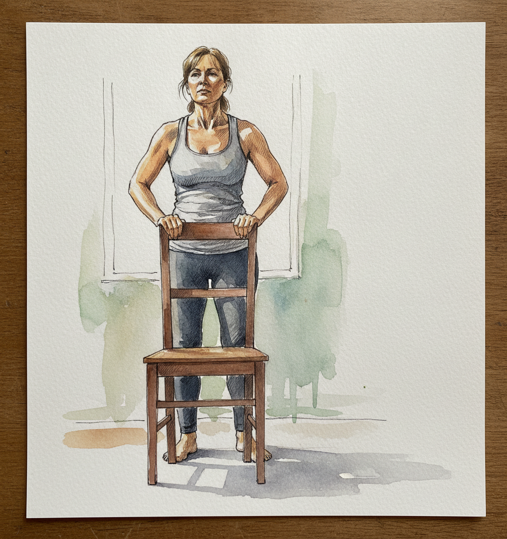 Woman, early 50s, white, mature soft athletic build, both hands gripping a chair back from behind example 1