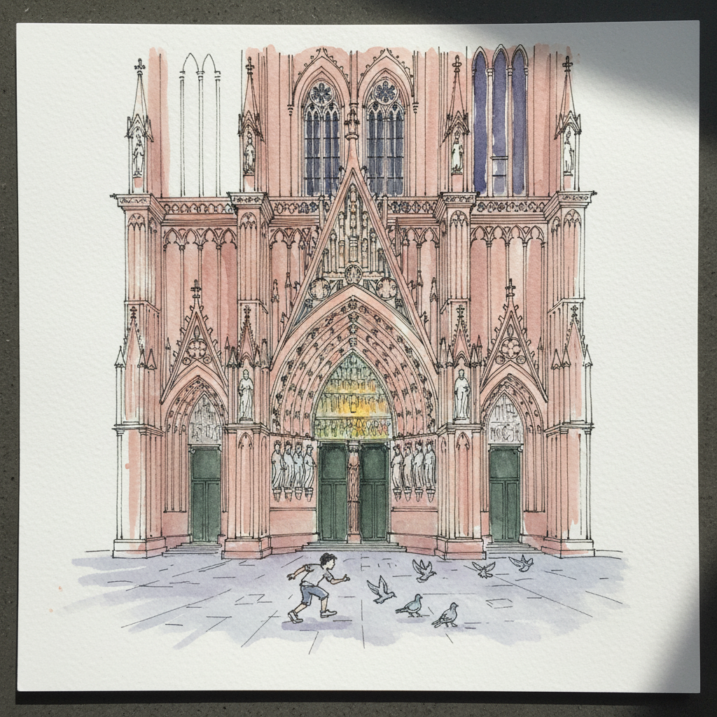 Strasbourg Cathedral central portal at dusk Loose & airy