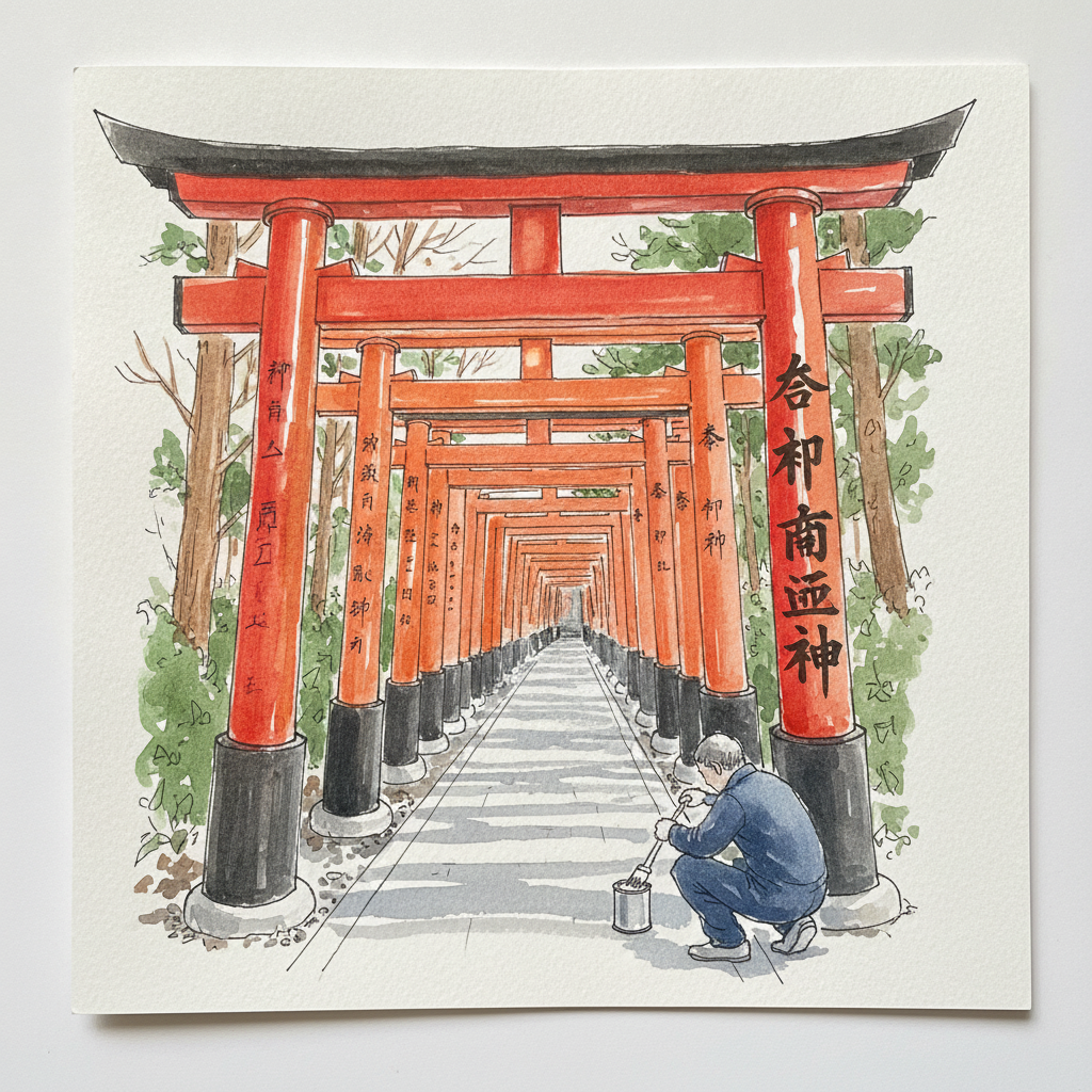 Inari shrine donor-torii in shocking new paint Loose & airy