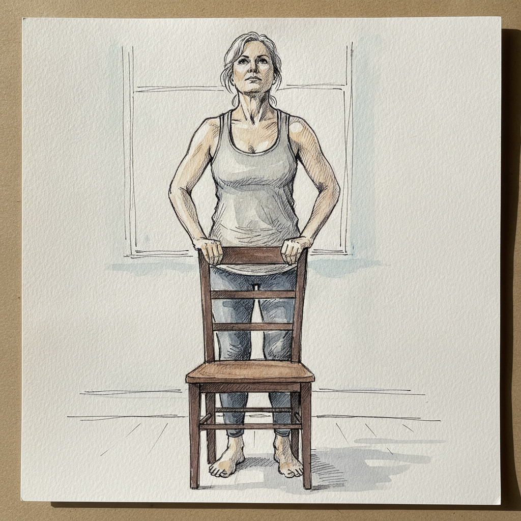 Woman, early 50s, white, mature soft athletic build, both hands gripping a chair back from behind example 2