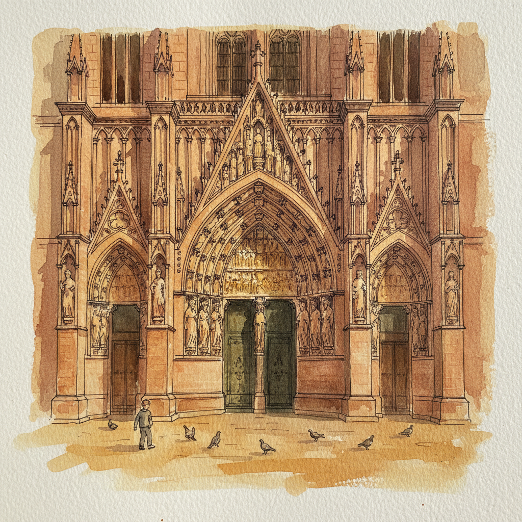 Strasbourg Cathedral central portal at dusk Alternative interpretation