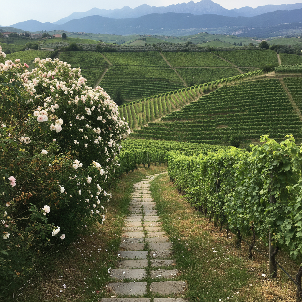 Prosecco terraced hills of Conegliano, Veneto AI-generated photoreal reference