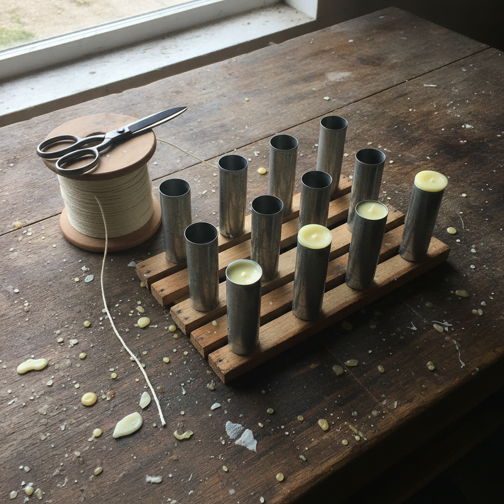 Candle molds on a cooling rack AI-generated photoreal reference