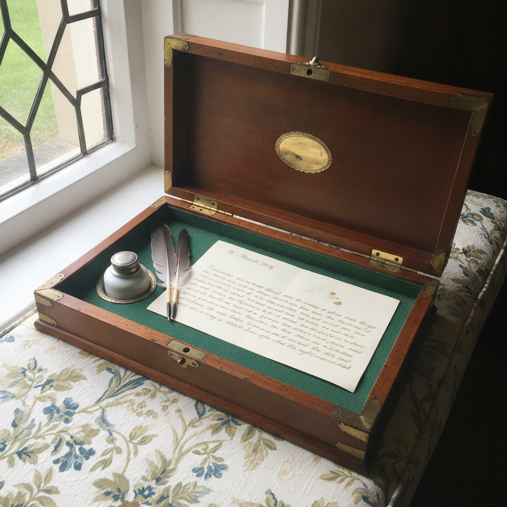 Regency lap desk open mid-letter AI-generated photoreal reference