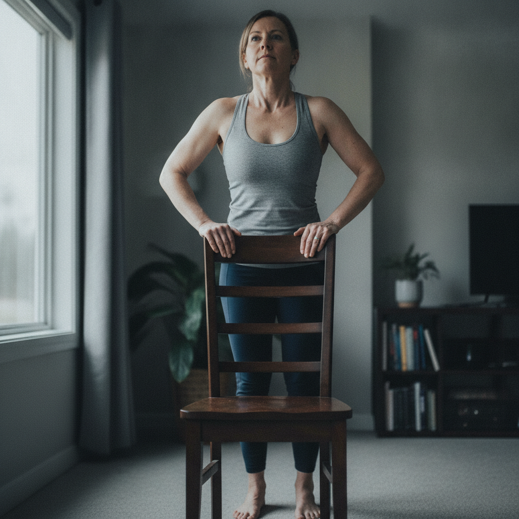 Woman, early 50s, white, mature soft athletic build, both hands gripping a chair back from behind AI-generated photoreal reference