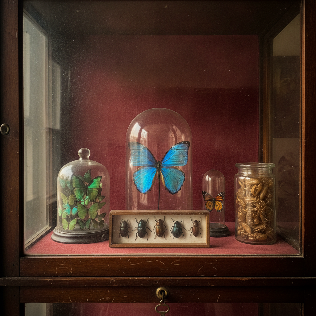 Victorian curiosity cabinet shelf AI-generated photoreal reference