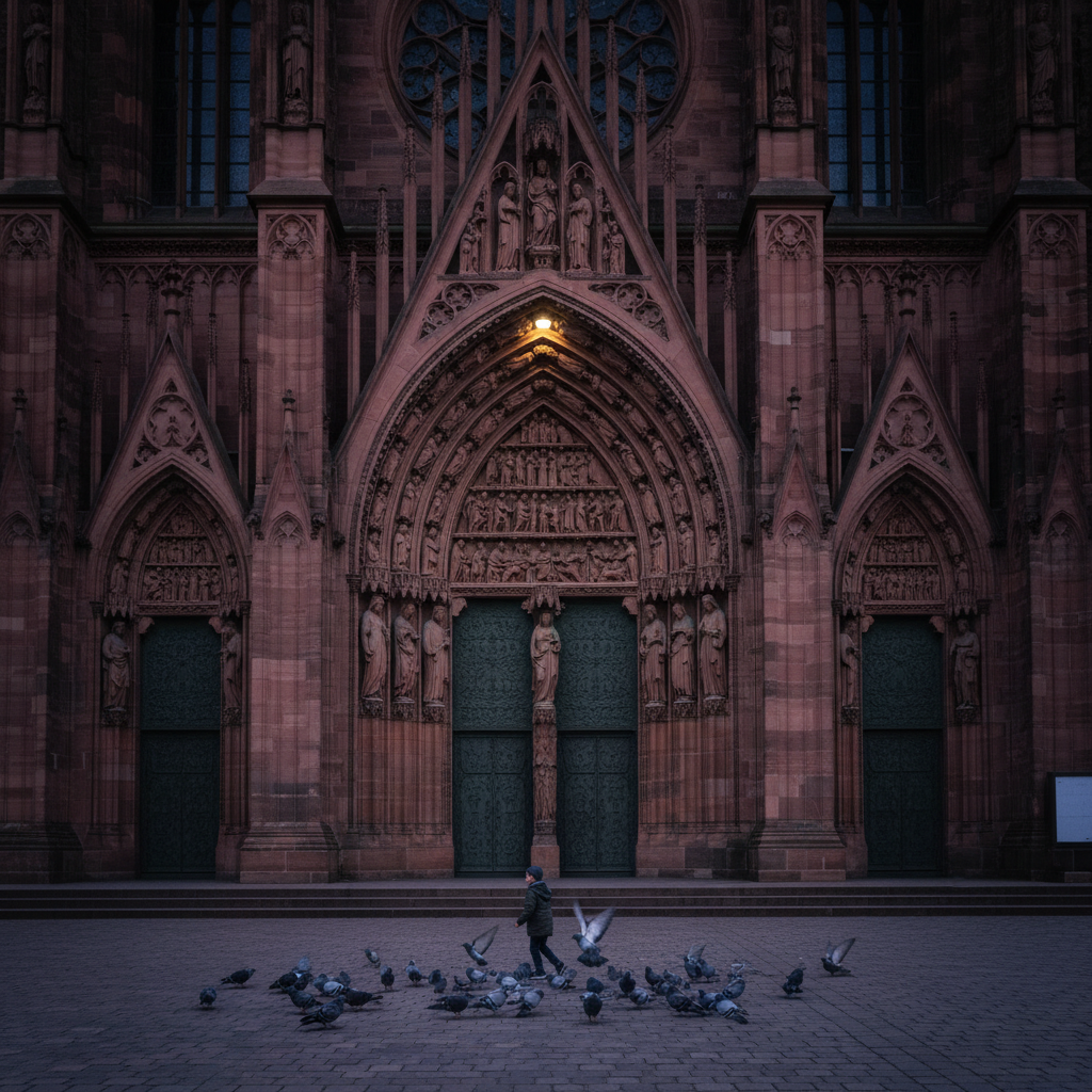 Strasbourg Cathedral central portal at dusk photo reference