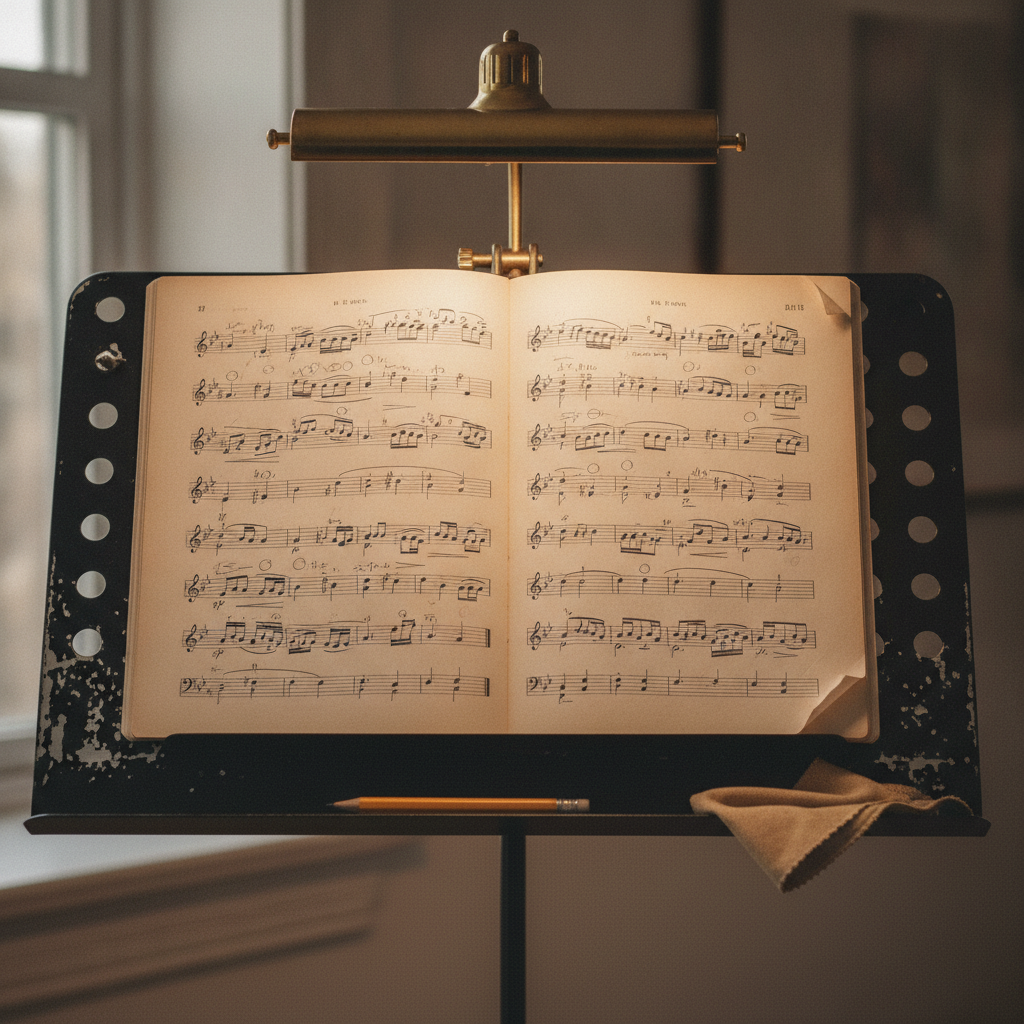Music stand with open score photo reference