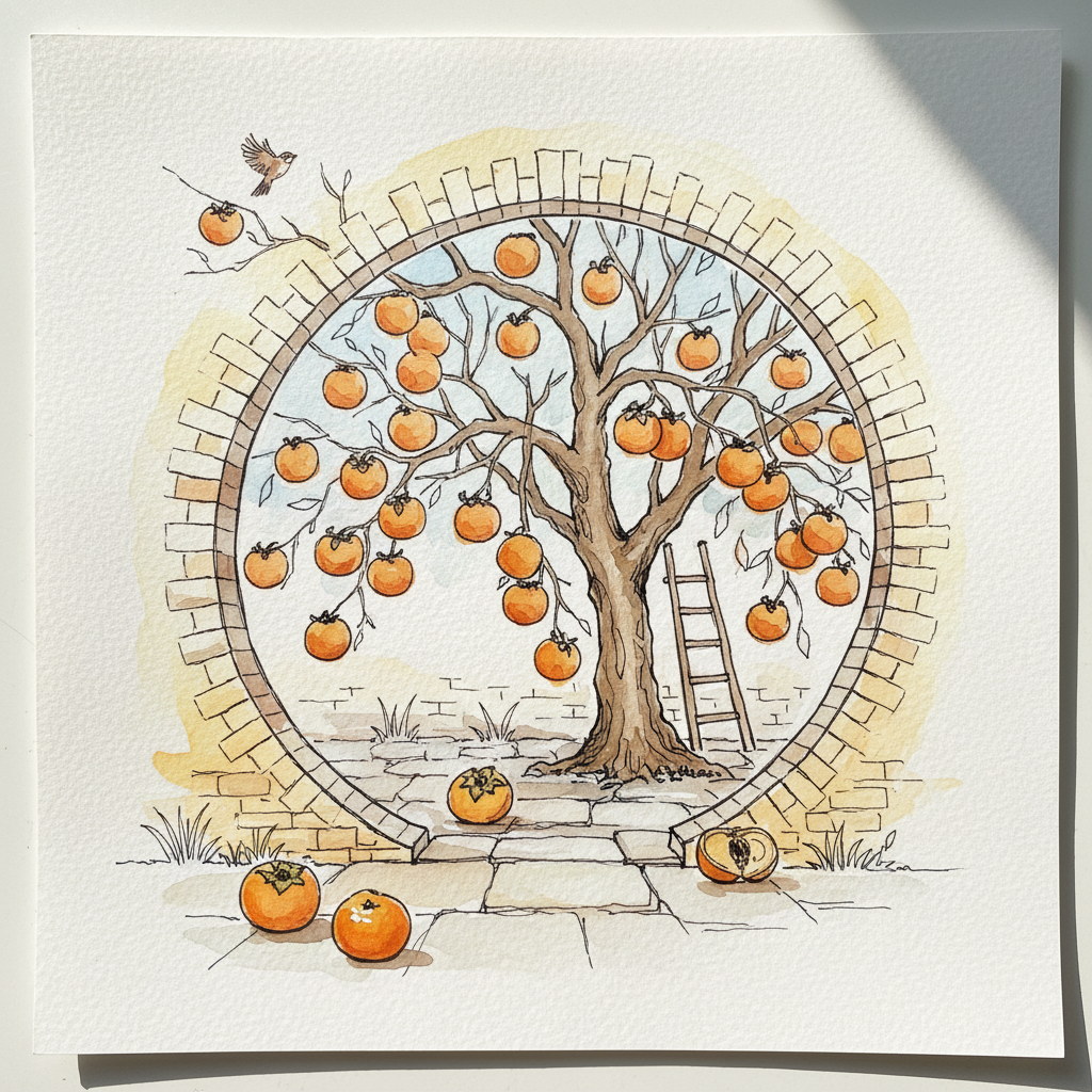 Persimmon tree heavy with fruit beyond the gate Loose & airy