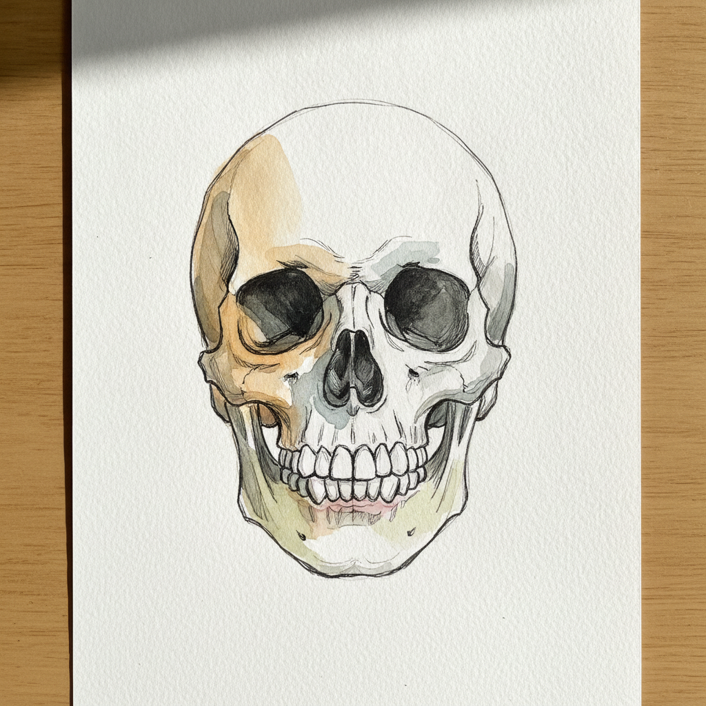 Skull With Soft Tissue Overlay Diagram, Anatomical Illustration example 1