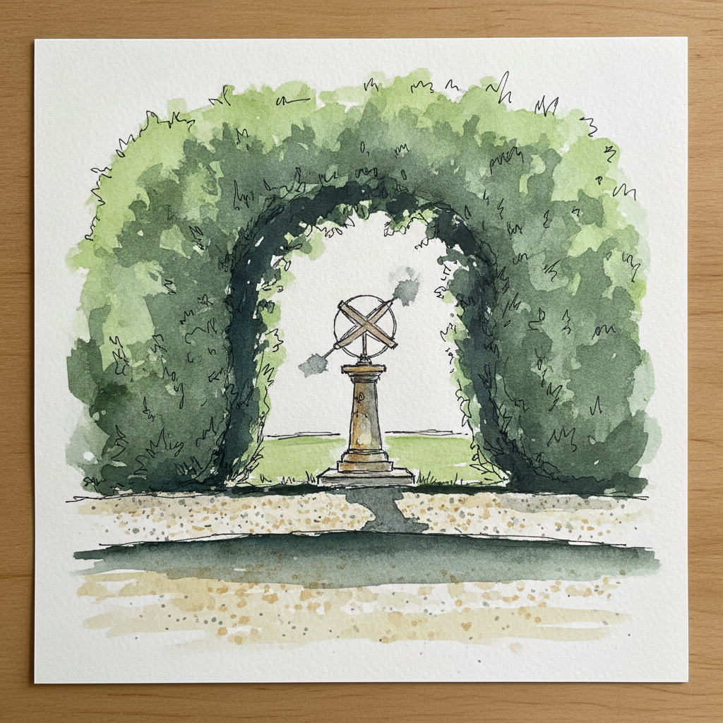 Yew arch with a sundial in the centre of the doorway example 2