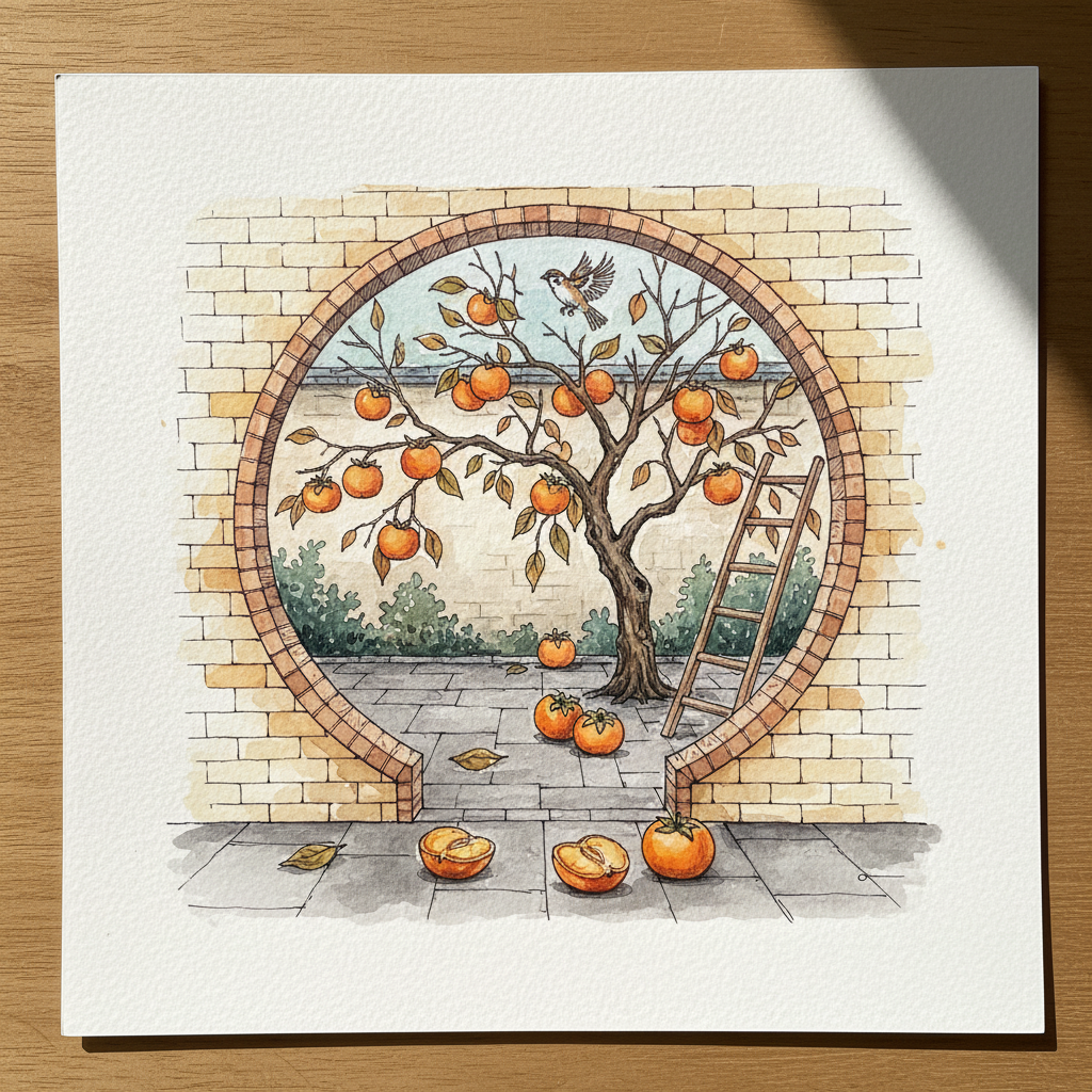 Persimmon tree heavy with fruit beyond the gate Tighter & richer
