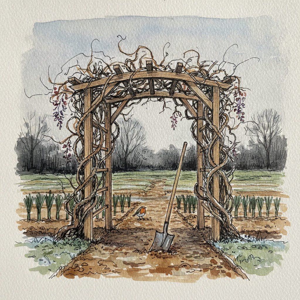 Wisteria arch leading to a vegetable patch in winter example 2