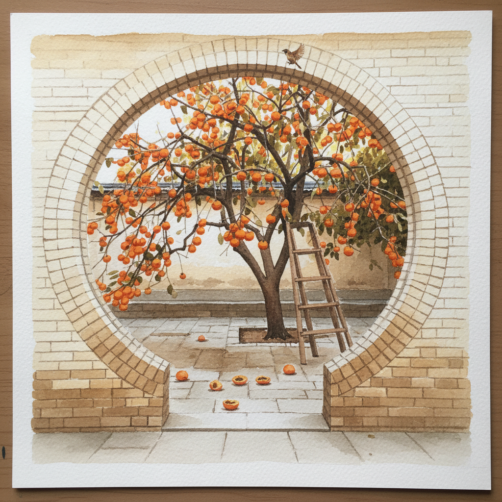 Persimmon tree heavy with fruit beyond the gate Alternative interpretation