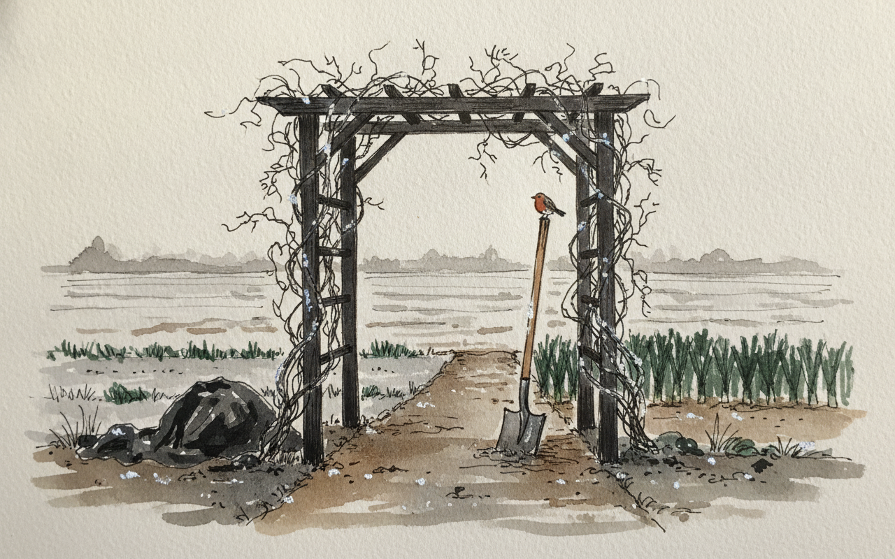 Wisteria arch leading to a vegetable patch in winter example 3