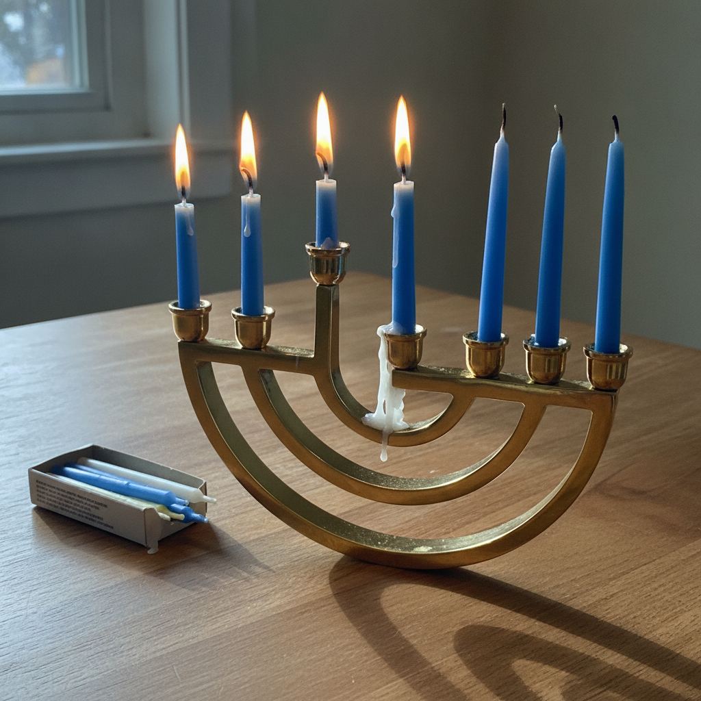 Hanukkah menorah, third night AI-generated photoreal reference