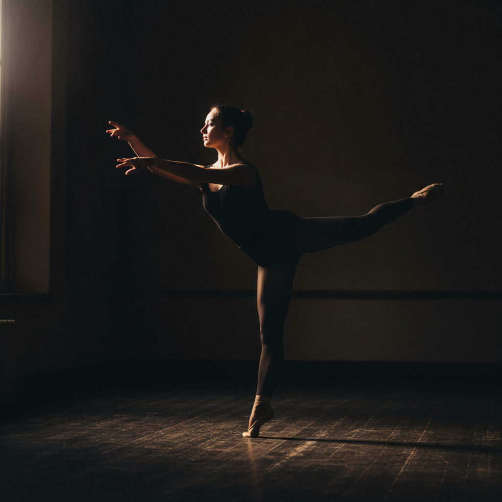 First arabesque, dramatic side-spotlight AI-generated photoreal reference
