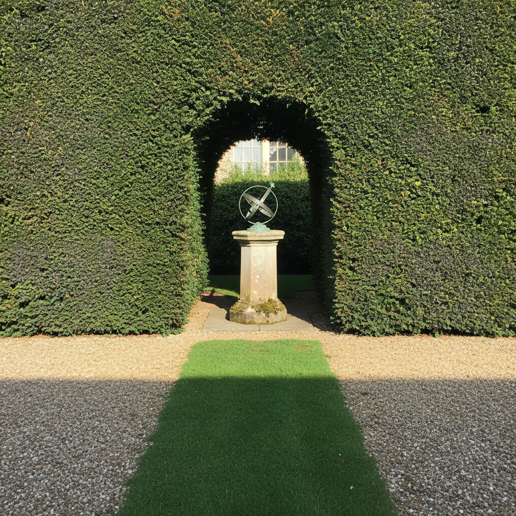 Yew arch with a sundial in the centre of the doorway AI-generated photoreal reference