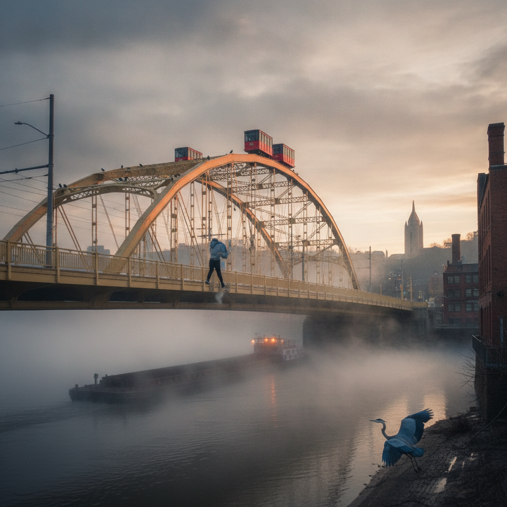 Smithfield Street Bridge Sunrise AI-generated photoreal reference