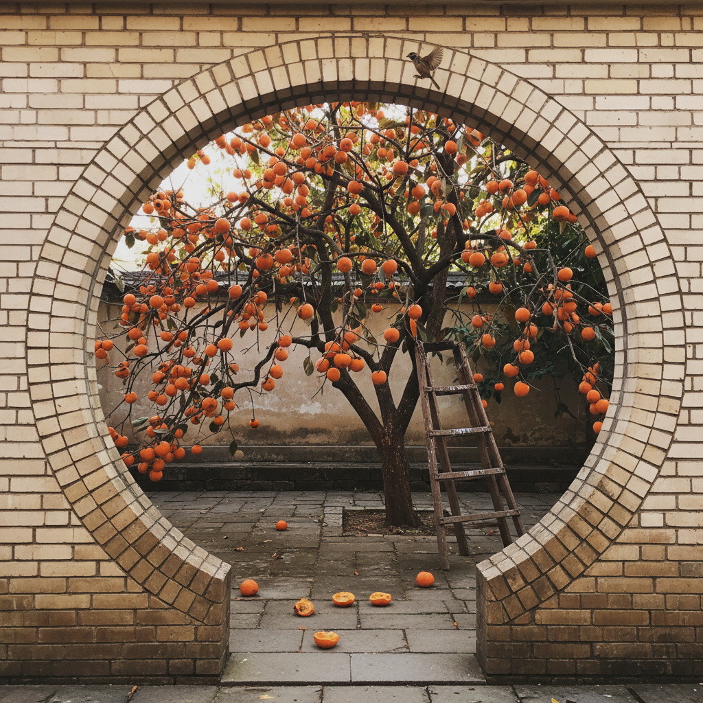 Persimmon tree heavy with fruit beyond the gate photo reference