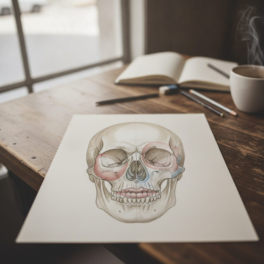 Skull With Soft Tissue Overlay Diagram, Anatomical Illustration AI-generated photoreal reference