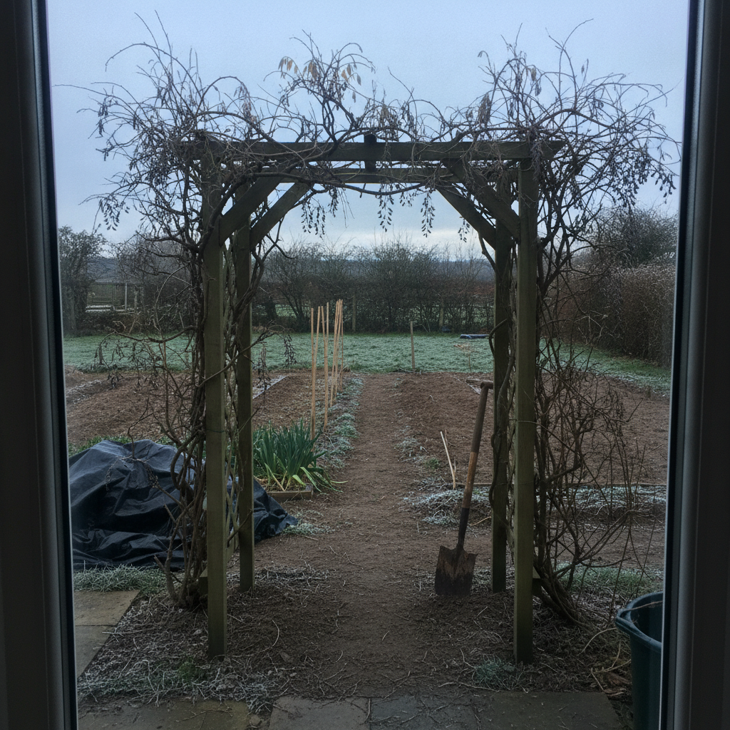 Wisteria arch leading to a vegetable patch in winter AI-generated photoreal reference