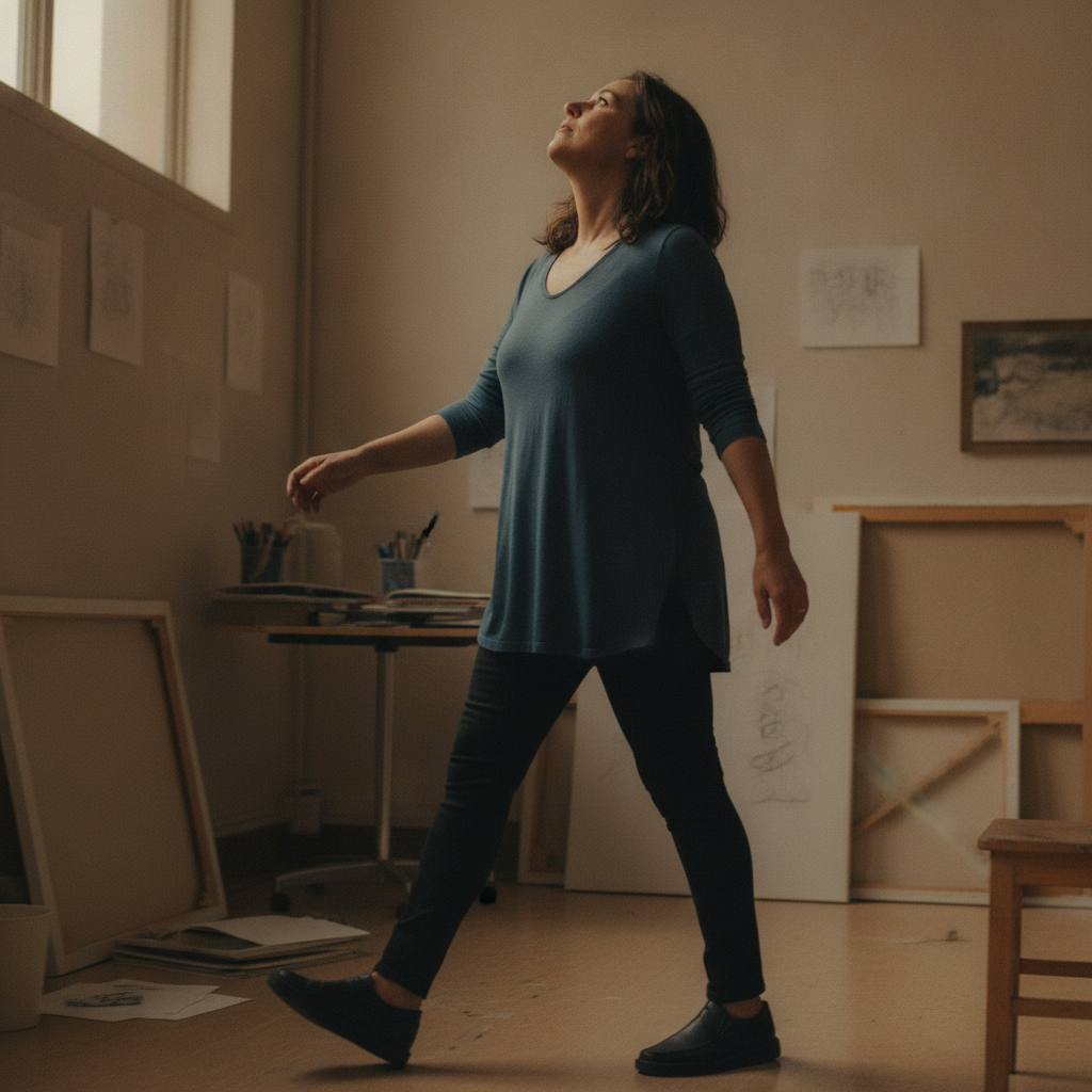 Mid-Stride, Looking Up AI-generated photoreal reference