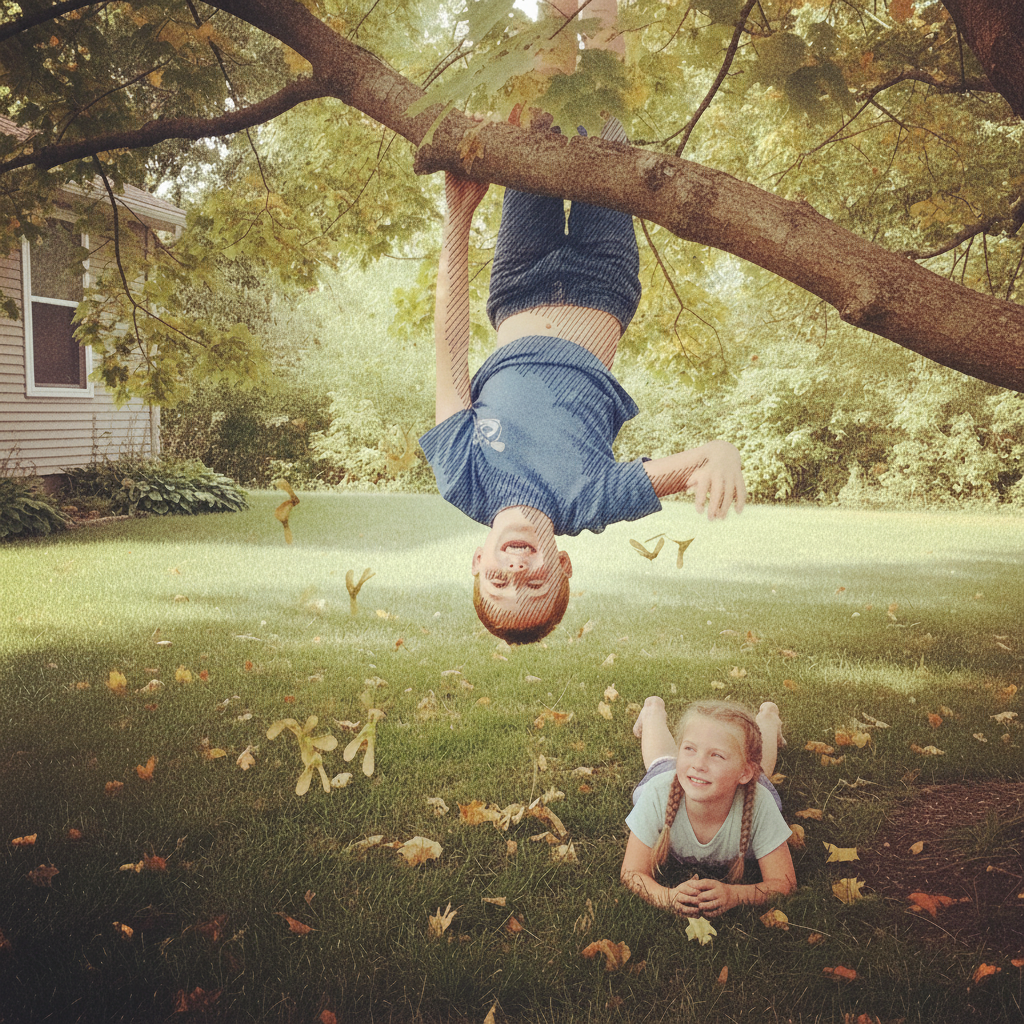 Kid hanging upside down from branch example 1