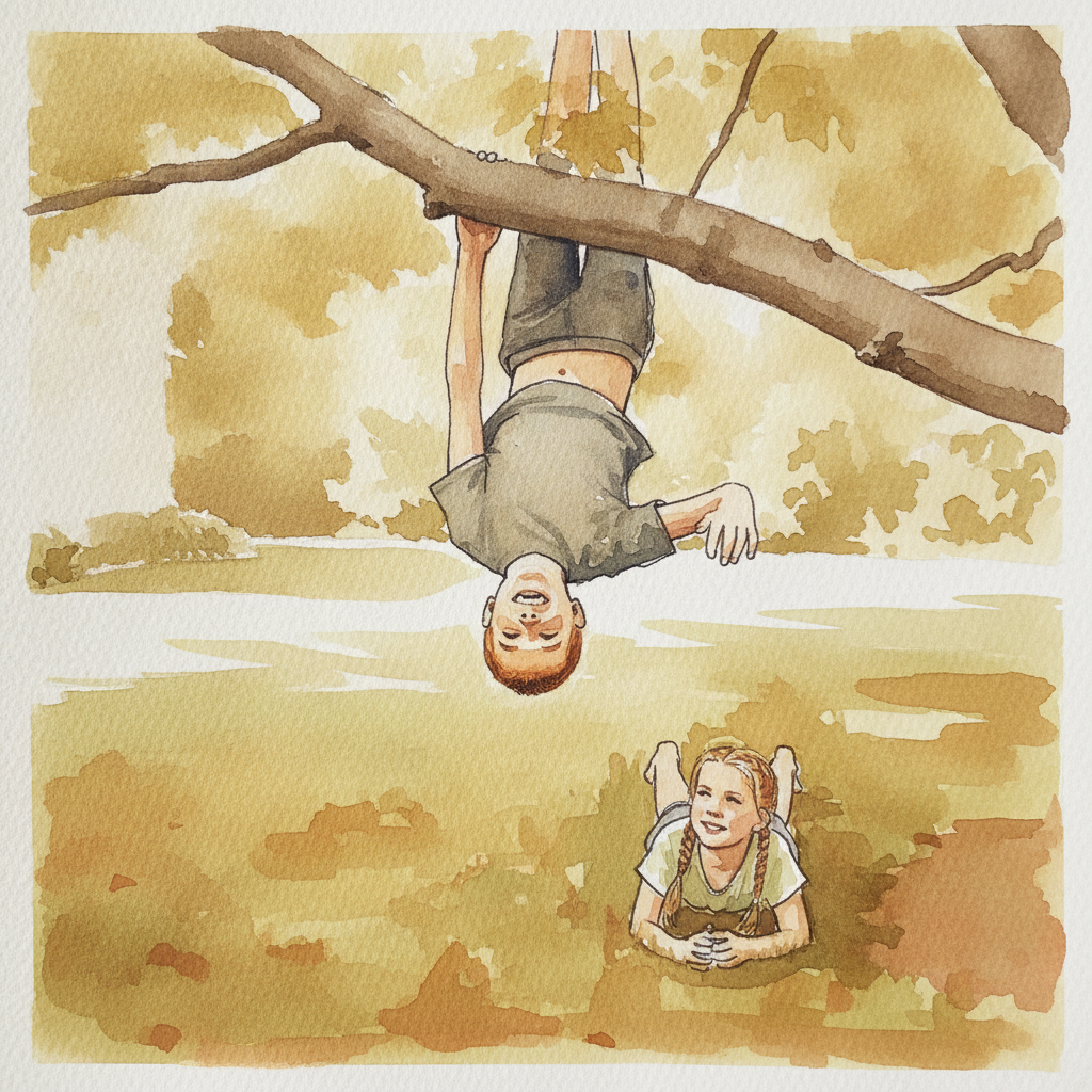Kid hanging upside down from branch example 2