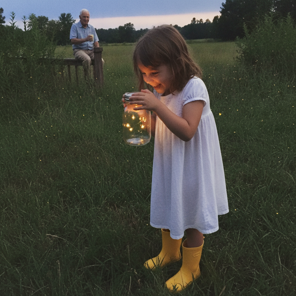 Kid catching fireflies AI-generated photoreal reference