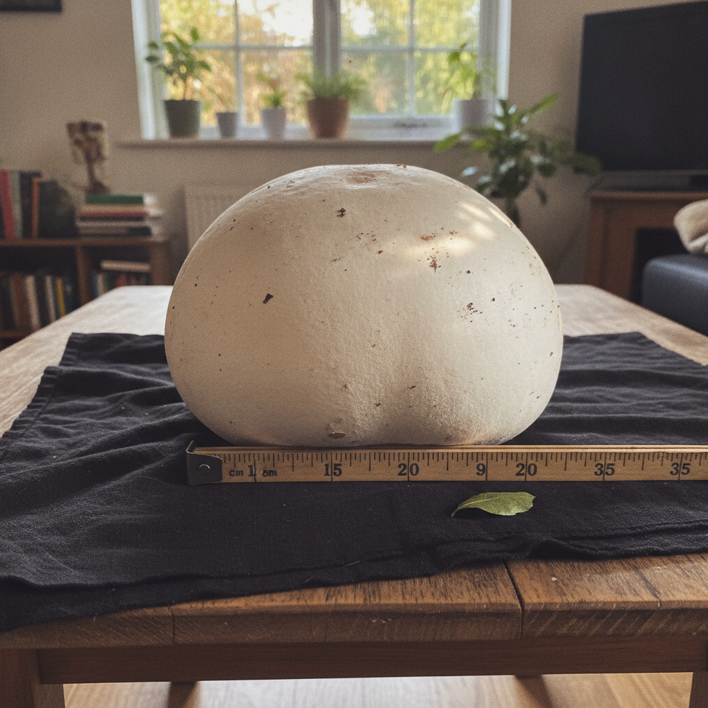 Puffball and tape measure AI-generated photoreal reference