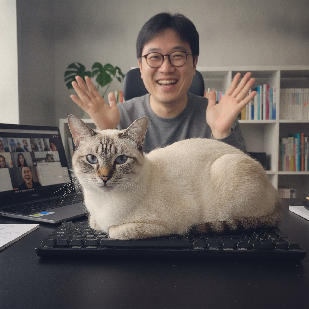 Person with cat on keyboard AI-generated photoreal reference