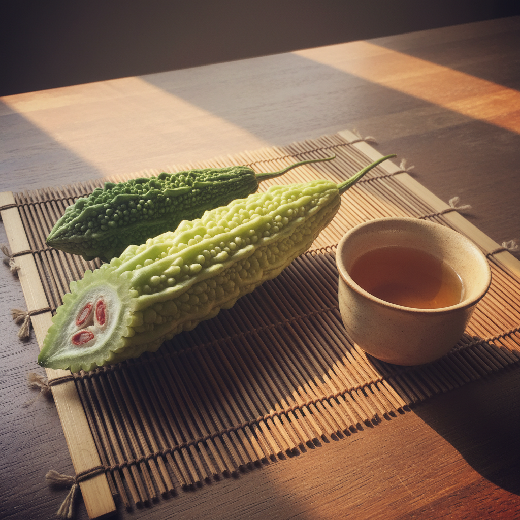 Bitter melon on bamboo mat photo reference