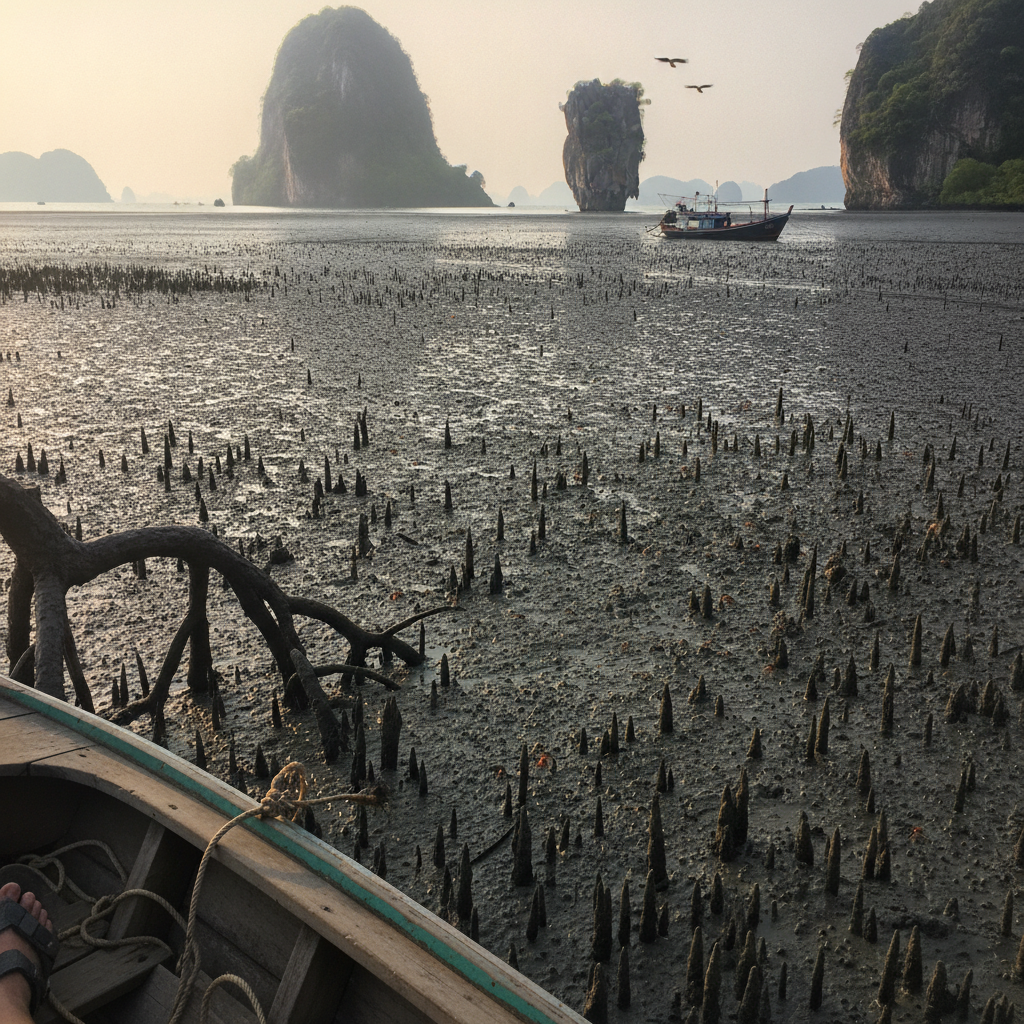 Phang Nga Bay tidal mudflat at low tide, Andaman Thailand AI-generated photoreal reference