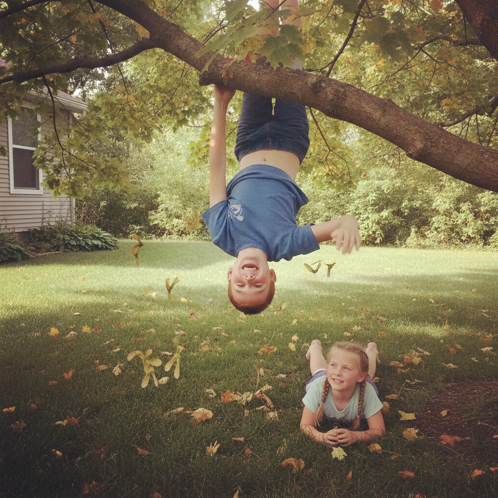 Kid hanging upside down from branch AI-generated photoreal reference