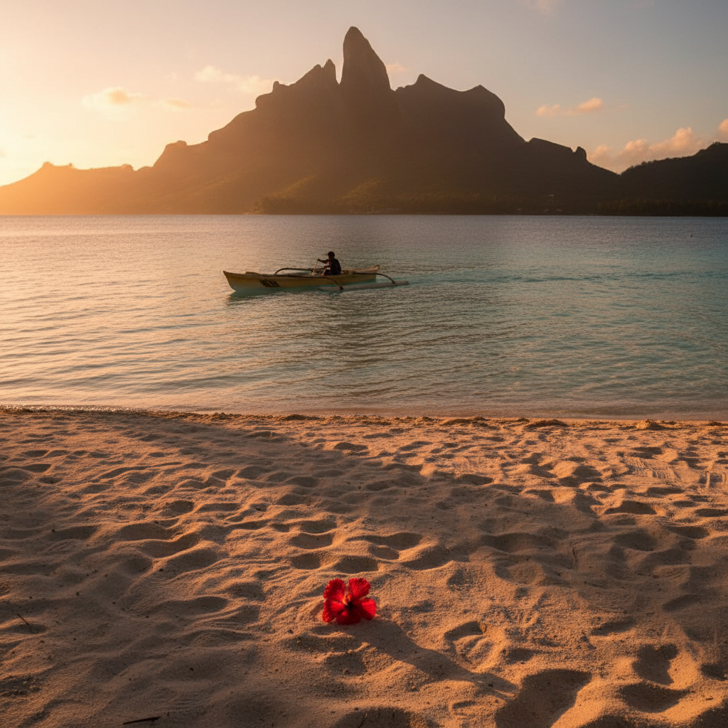 Golden hour with long shadows, Bora Bora photo reference