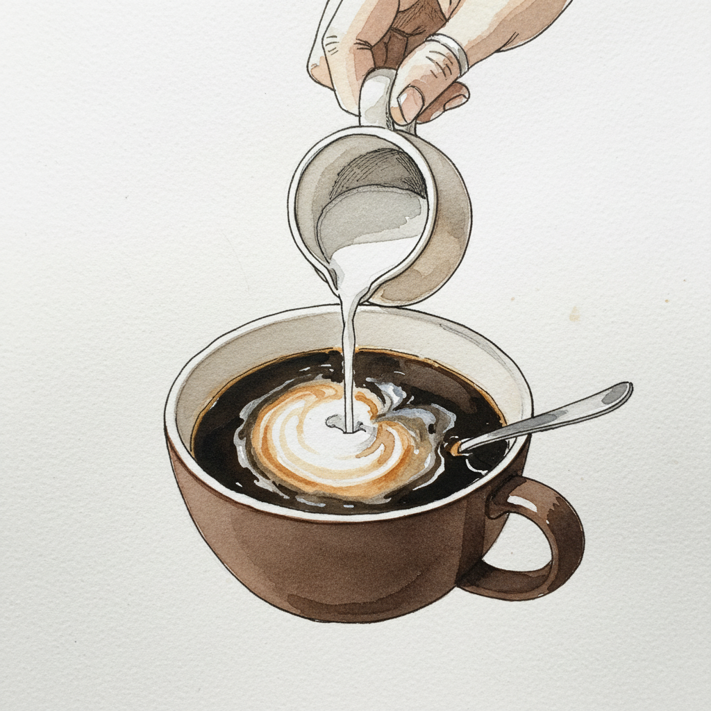 Cream pitcher pouring into coffee Loose & airy