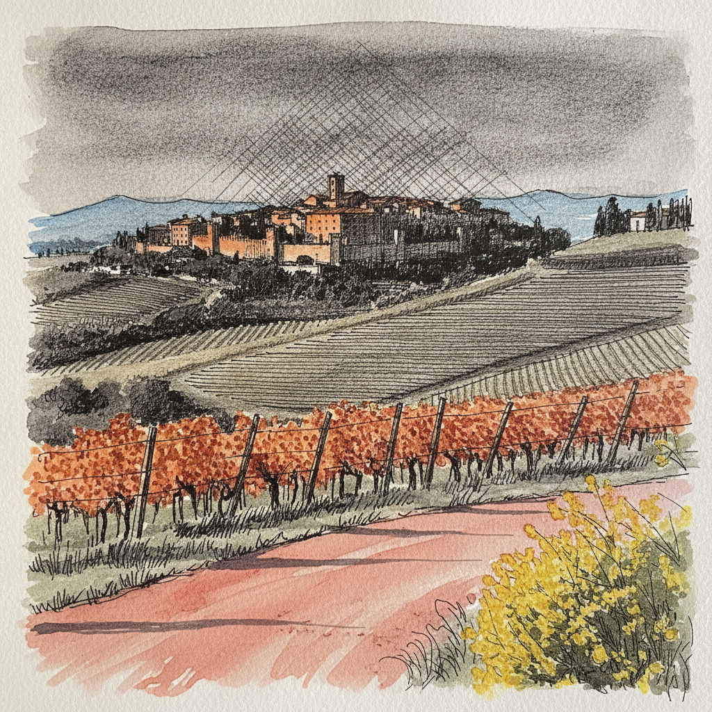Montalcino town crowning the Brunello vines, Tuscany example 1