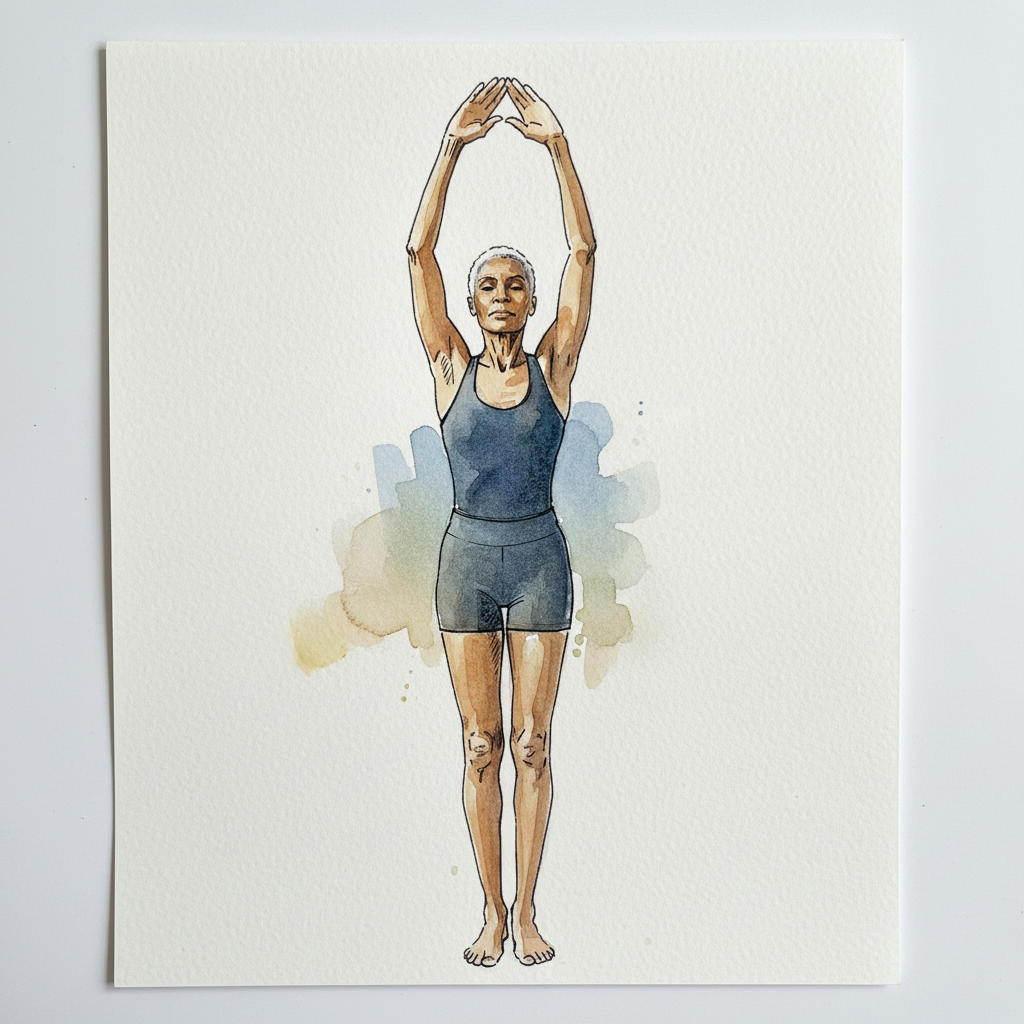 Both arms straight up, full grounding stance Loose & airy