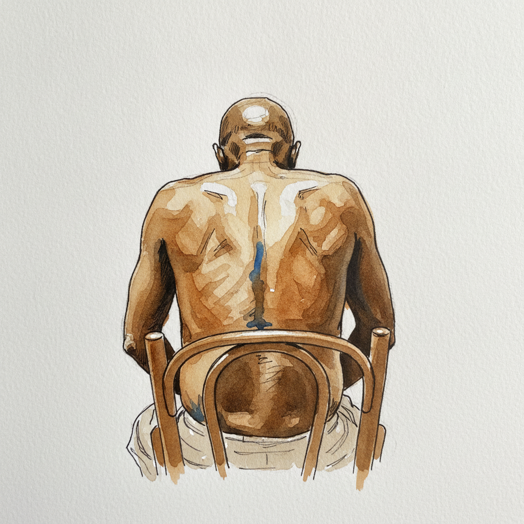 Nigerian man 60s on chair, rounded back example 1