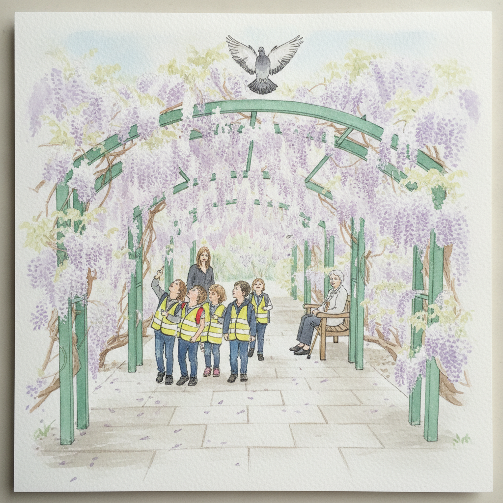 Wisteria arch in a town park with passing schoolchildren Loose & airy