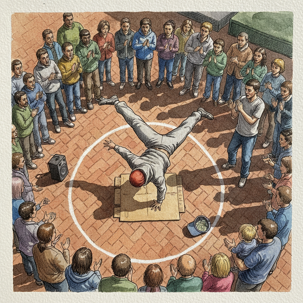 Street performer breakdancing AI-generated Tighter & richer example