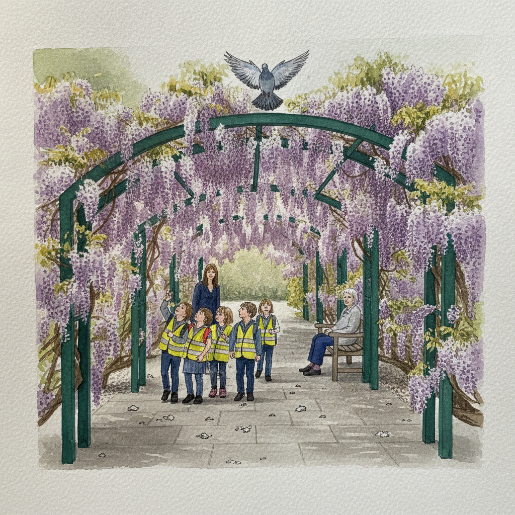 Wisteria arch in a town park with passing schoolchildren Tighter & richer
