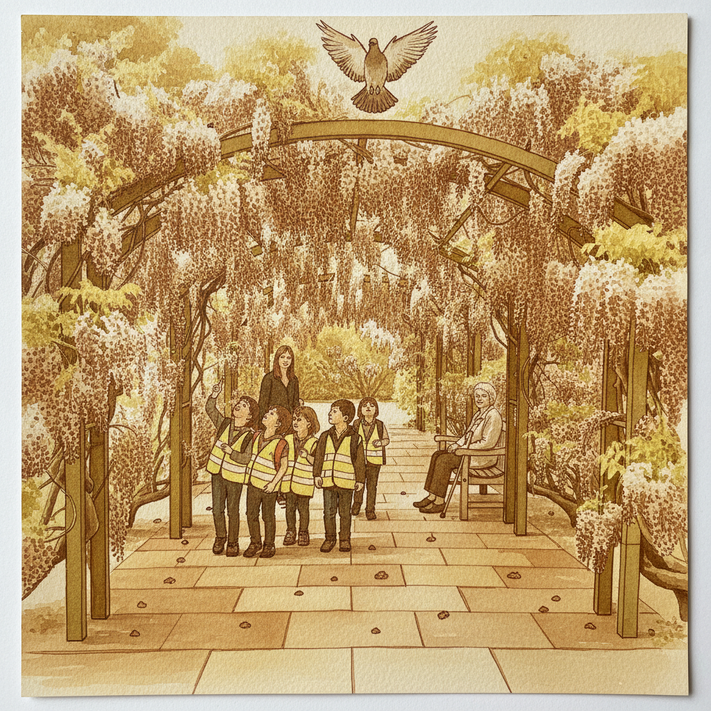 Wisteria arch in a town park with passing schoolchildren Alternative interpretation