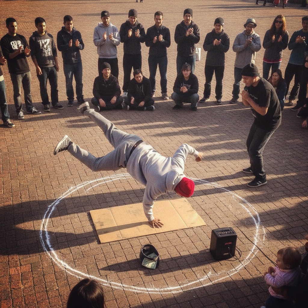 Street performer breakdancing AI-generated photoreal reference